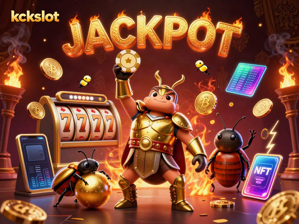 Permainan kckslot menawarkan kemenangan jackpot melalui simbol slot yang menggoda dan kerumunan semut kecil yang menyerukan JACKPOT.