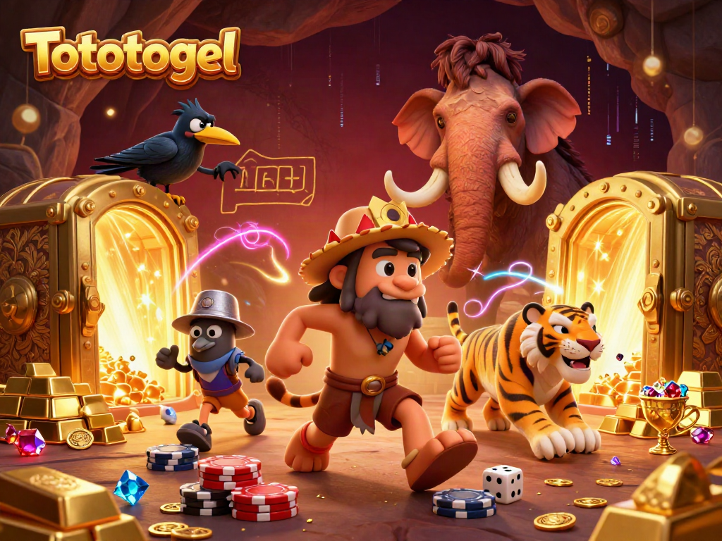 Permainan Tototogel: Gambar ilustrasi 3D kasino prasejarah dengan karakter unik dan harta berkilau.