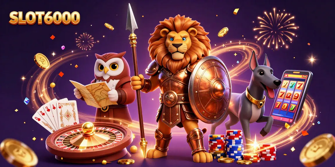 Experience exciting jackpots with SLOT6000 in this vivid 3D illustration featuring casino elements.
