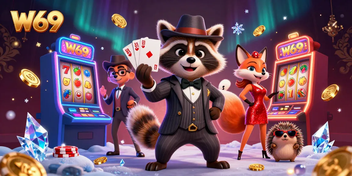 Experience W69 gaming excitement with raccoon, fox, and hedgehog in a vibrant casino scene.
