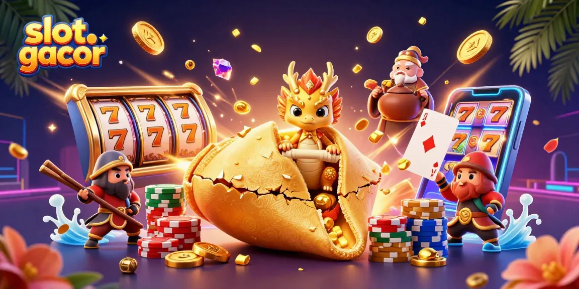Experience the thrill of slot gacor with golden coins flying and colorful poker chips in a packed casino scene.