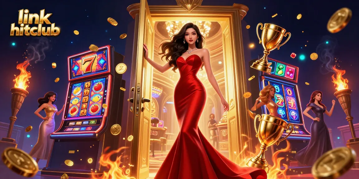 Experience the thrill of gaming with link hitclub as an elegant Asian woman greets players at a dazzling casino doorway.