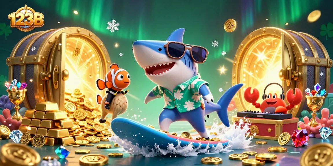 Engage in exciting games at 123B, featuring a colorful 3D illustration with fun casino characters.