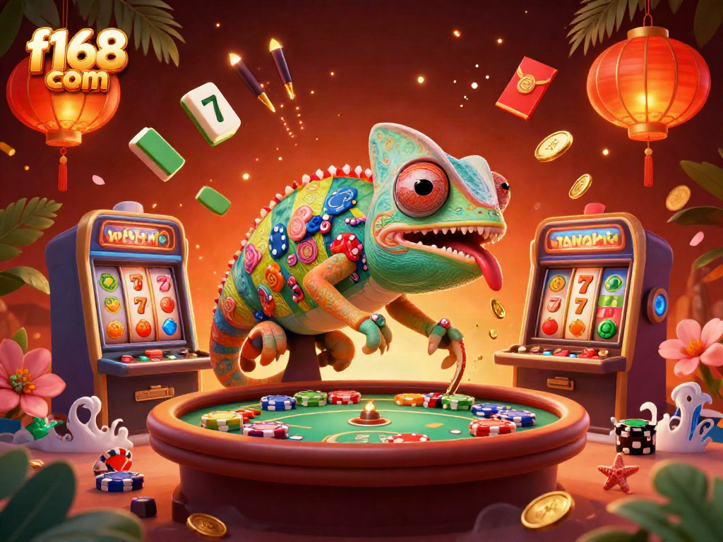 Win at f168 com with an amazing chameleon casino owner amidst lucky charms and slot machines.