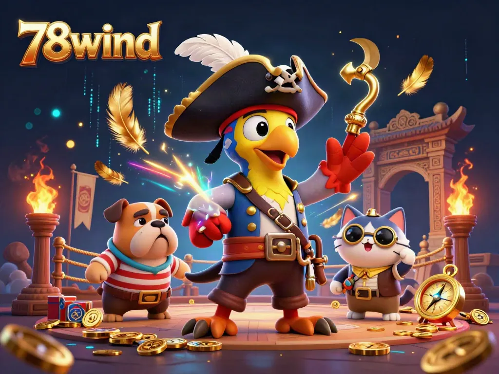 Experience the energy of 78wind with a vibrant casino scene featuring a pirate captain and dog!