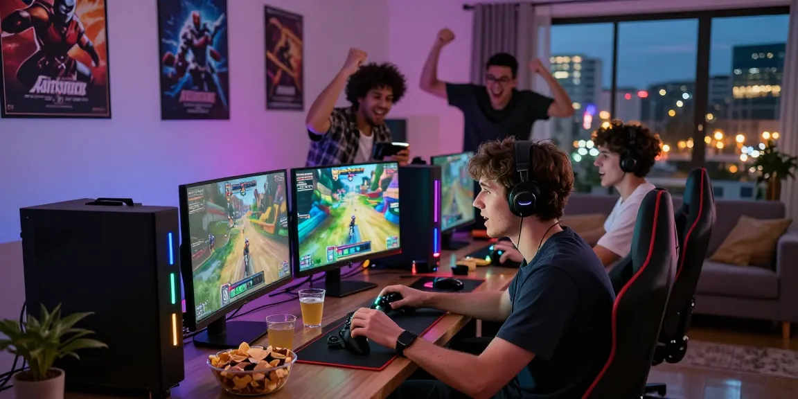 Friends playing video games together, showcasing link gacor excitement in a vibrant gaming setup.