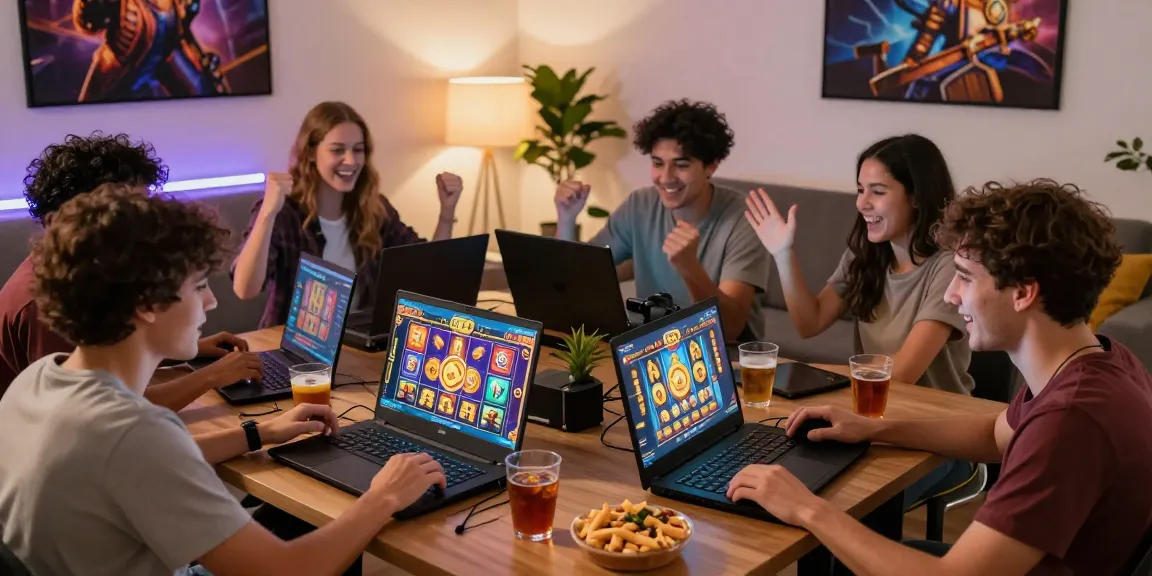 Excited group playing daftar slot games online, showcasing vibrant screens and interactive atmosphere.